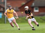 27 April 2025; Jordan Molloy of Kilkenny in action against Ryan Mc Cambridge of Antrim during the Leinster GAA Hurling Senior Championship Round 2 match between Antrim and Kilkenny at Corrigan Park in Belfast. Photo by Thomas Flinkow/Sportsfile