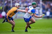 27 April 2025; Jack Prendergast of Waterford in action against Cian Galvin of Clare during the Munster GAA Hurling Senior Championship Round 2 match between Waterford and Clare at Walsh Park in Waterford. Photo by Piaras Ó Mídheach/Sportsfile