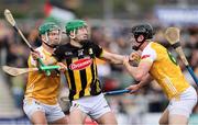 27 April 2025; Martin Keoghan of Kilkenny in action against Antrim players Stephen Rooney, left, and Joe Maskey during the Leinster GAA Hurling Senior Championship Round 2 match between Antrim and Kilkenny at Corrigan Park in Belfast. Photo by Thomas Flinkow/Sportsfile