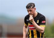 27 April 2025; Cian Kenny of Kilkenny leaves the pitch injured during the Leinster GAA Hurling Senior Championship Round 2 match between Antrim and Kilkenny at Corrigan Park in Belfast. Photo by Thomas Flinkow/Sportsfile