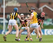 27 April 2025; Gerard Walsh of Antrim is hit by the hurley of Fionán Mackessy of Kilkenny, right, during the Leinster GAA Hurling Senior Championship Round 2 match between Antrim and Kilkenny at Corrigan Park in Belfast. Photo by Thomas Flinkow/Sportsfile