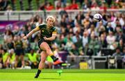 27 April 2025; Caoimhe McCormack of Railway Union RFC kicks a convertion during the Energia All-Ireland League Women's Division 1 final match between Railway Union RFC and UL Bohemian at the Aviva Stadium in Dublin. Photo by Matt Browne/Sportsfile