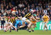 27 April 2025; Nigel Elliot of Antrim is tackled by Huw Lawlor of Kilkenny during the Leinster GAA Hurling Senior Championship Round 2 match between Antrim and Kilkenny at Corrigan Park in Belfast. Photo by Thomas Flinkow/Sportsfile