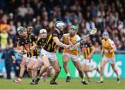 27 April 2025; Nigel Elliot of Antrim is tackled by Huw Lawlor of Kilkenny during the Leinster GAA Hurling Senior Championship Round 2 match between Antrim and Kilkenny at Corrigan Park in Belfast. Photo by Thomas Flinkow/Sportsfile