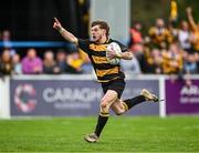 27 April 2025; Jonathan Crossley of County Carlow celebrates on his way to scoring his side's first try during the Bank of Ireland Provincial Towns Cup final match between Athy RFC and County Carlow FC at Forenaughts in Naas, Kildare. Photo by Seb Daly/Sportsfile