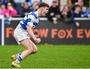 27 April 2025; Aidan Henry of Athy celebrates his side's second try, scored by teammate Jack Henry, not pictured, during the Bank of Ireland Provincial Towns Cup final match between Athy RFC and County Carlow FC at Forenaughts in Naas, Kildare. Photo by Seb Daly/Sportsfile
