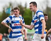 27 April 2025; Niall Dunne of Athy celebrates his side winning a penalty during the Bank of Ireland Provincial Towns Cup final match between Athy RFC and County Carlow FC at Forenaughts in Naas, Kildare. Photo by Seb Daly/Sportsfile