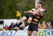 27 April 2025; Jonathan Crossley of County Carlow celebrates with teammate Sean Quinlan after scoring their side's first try during the Bank of Ireland Provincial Towns Cup final match between Athy RFC and County Carlow FC at Forenaughts in Naas, Kildare. Photo by Seb Daly/Sportsfile