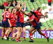 27 April 2025; Chisom Ugwuere of UL Bohemian and her team-mates celebrate after the final whistle at the Energia All-Ireland League Women's Division 1 final match between Railway Union RFC and UL Bohemian at the Aviva Stadium in Dublin. Photo by Matt Browne/Sportsfile