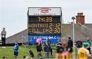 27 April 2025; The scoreboard at the final whistle in the Leinster GAA Hurling Senior Championship Round 2 match between Antrim and Kilkenny at Corrigan Park in Belfast. Photo by Thomas Flinkow/Sportsfile