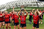 27 April 2025; Steph Nunan of UL Bohemian and her team-mates celebrate after the the Energia All-Ireland League Women's Division 1 final match between Railway Union RFC and UL Bohemian at the Aviva Stadium in Dublin. Photo by Matt Browne/Sportsfile