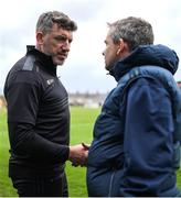 27 April 2025; Kilkenny manager Derek Lyng, left, and Antrim manager Davy Fitzgerald shake hands after the Leinster GAA Hurling Senior Championship Round 2 match between Antrim and Kilkenny at Corrigan Park in Belfast. Photo by Thomas Flinkow/Sportsfile
