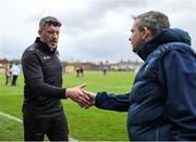 27 April 2025; Kilkenny manager Derek Lyng, left, and Antrim manager Davy Fitzgerald shake hands after the Leinster GAA Hurling Senior Championship Round 2 match between Antrim and Kilkenny at Corrigan Park in Belfast. Photo by Thomas Flinkow/Sportsfile