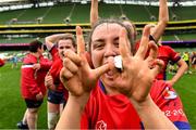 27 April 2025; Lily Brady of UL Bohemian celebrates after the Energia All-Ireland League Women's Division 1 final match between Railway Union RFC and UL Bohemian at the Aviva Stadium in Dublin. Photo by Matt Browne/Sportsfile