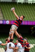 27 April 2025; Fionn Gilbert of Clontarf takes the ball in the lineout against Cork Constitution during the Energia All-Ireland League Men's Division 1A final match between Clontarf and Cork Constitution at the Aviva Stadium in Dublin. Photo by Matt Browne/Sportsfile