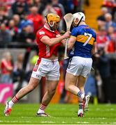27 April 2025; Declan Dalton of Cork  and Bryan O'Mara of Tipperary tussle before throw in during the Munster GAA Hurling Senior Championship Round 2 match between Cork and Tipperary at SuperValu Páirc Uí Chaoimh in Cork. Photo by Brendan Moran/Sportsfile
