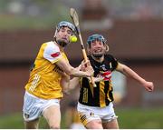 27 April 2025; James Mc Naughton of Antrim in action against Cian Kenny of Kilkenny during the Leinster GAA Hurling Senior Championship Round 2 match between Antrim and Kilkenny at Corrigan Park in Belfast. Photo by Thomas Flinkow/Sportsfile