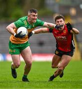 27 April 2025; Patrick McBrearty of Donegal in action against Pierce Laverty of Down during the Ulster GAA Football Senior Championship semi-final match between Down and Donegal at St Tiernach's Park in Clones, Monaghan. Photo by Ben McShane/Sportsfile