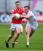 27 April 2025; Andy McDonnell of Louth in action against Colm Dalton of Kildare during the Leinster GAA Football Senior Championship semi-final match between Kildare and Louth at Glenisk O'Connor Park in Tullamore, Offaly. Photo by Shauna Clinton/Sportsfile