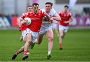 27 April 2025; Andy McDonnell of Louth in action against Colm Dalton of Kildare during the Leinster GAA Football Senior Championship semi-final match between Kildare and Louth at Glenisk O'Connor Park in Tullamore, Offaly. Photo by Shauna Clinton/Sportsfile