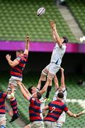 27 April 2025; Jack Kelleher of Cork Constitution takes the ball in the lineout against Clontarf during the Energia All-Ireland League Men's Division 1A final match between Clontarf and Cork Constitution at the Aviva Stadium in Dublin. Photo by Matt Browne/Sportsfile