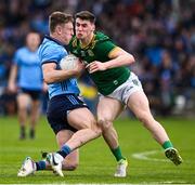 27 April 2025; Tom Lahiff of Dublin is tackled by Conor Duke of Meath during the Leinster GAA Football Senior Championship semi-final match between Dublin and Meath at Laois Hire O'Moore Park in Portlaoise, Laois. Photo by Ray McManus/Sportsfile