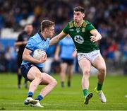 27 April 2025; Tom Lahiff of Dublin is tackled by Conor Duke of Meath during the Leinster GAA Football Senior Championship semi-final match between Dublin and Meath at Laois Hire O'Moore Park in Portlaoise, Laois. Photo by Ray McManus/Sportsfile