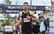 27 April 2025; Eoghain McGinley of Letterkenny AC, Donegal, celebrates after winning the men's masters 35+ event during the 123.ie National Road Relay Championships in Raheny, Dublin. Photo by Tyler Miller/Sportsfile
