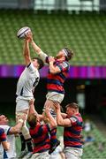 27 April 2025; David Hyland of Cork Constitution takes the ball in the lineout against Callum Smith of Clontarf during the Energia All-Ireland League Men's Division 1A final match between Clontarf and Cork Constitution at the Aviva Stadium in Dublin. Photo by Matt Browne/Sportsfile