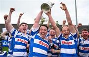 27 April 2025; Athy captain Tadgh Foley, left, lifts the Leinster Junior Challenge Cup with teammate Craig Miller after their side's victory in the  the Bank of Ireland Provincial Towns Cup final match between Athy RFC and County Carlow FC at Forenaughts in Naas, Kildare. Photo by Seb Daly/Sportsfile