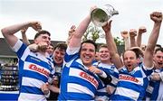 27 April 2025; Athy captain Tadgh Foley, left, lifts the Leinster Junior Challenge Cup with teammate Craig Miller after their side's victory in the  the Bank of Ireland Provincial Towns Cup final match between Athy RFC and County Carlow FC at Forenaughts in Naas, Kildare. Photo by Seb Daly/Sportsfile