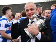 27 April 2025; Athy RFC president Ger Brennan with the Leinster Junior Challenge Cup after his side's victory in the Bank of Ireland Provincial Towns Cup final match between Athy RFC and County Carlow FC at Forenaughts in Naas, Kildare. Photo by Seb Daly/Sportsfile