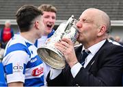 27 April 2025; Athy RFC president Ger Brennan kisses the Leinster Junior Challenge Cup after his side's victory in the Bank of Ireland Provincial Towns Cup final match between Athy RFC and County Carlow FC at Forenaughts in Naas, Kildare. Photo by Seb Daly/Sportsfile