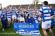 27 April 2025; Athy players and president Ger Brennan, centre, celebrate with the Leinster Junior Challenge Cup after their side's victory in the Bank of Ireland Provincial Towns Cup final match between Athy RFC and County Carlow FC at Forenaughts in Naas, Kildare. Photo by Seb Daly/Sportsfile