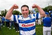 27 April 2025; Athy captain Tadgh Foley celebrates after his side's victory in the Bank of Ireland Provincial Towns Cup final match between Athy RFC and County Carlow FC at Forenaughts in Naas, Kildare. Photo by Seb Daly/Sportsfile