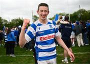 27 April 2025; Niall Dunne of Athy celebrates after his side's victory in the Bank of Ireland Provincial Towns Cup final match between Athy RFC and County Carlow FC at Forenaughts in Naas, Kildare. Photo by Seb Daly/Sportsfile
