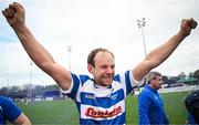 27 April 2025; Craig Miller of Athy celebrates after his side's victory in the Bank of Ireland Provincial Towns Cup final match between Athy RFC and County Carlow FC at Forenaughts in Naas, Kildare. Photo by Seb Daly/Sportsfile