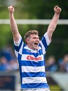 27 April 2025; Aaron Rowan of Athy celebrates his side winning a penalty during the Bank of Ireland Provincial Towns Cup final match between Athy RFC and County Carlow FC at Forenaughts in Naas, Kildare. Photo by Seb Daly/Sportsfile