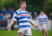 27 April 2025; Aaron Rowan of Athy celebrates his side winning a penalty during the Bank of Ireland Provincial Towns Cup final match between Athy RFC and County Carlow FC at Forenaughts in Naas, Kildare. Photo by Seb Daly/Sportsfile