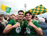 27 April 2025; Ciarán Caulfield, left, and Aaron Lynch of Meath celebrate after the Leinster GAA Football Senior Championship semi-final match between Dublin and Meath at Laois Hire O'Moore Park in Portlaoise, Laois. Photo by Ray McManus/Sportsfile