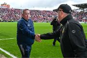27 April 2025; Cork manager Pat Ryan shakes hands with Tipperary manager Liam Cahill after the Munster GAA Hurling Senior Championship Round 2 match between Cork and Tipperary at SuperValu Páirc Uí Chaoimh in Cork. Photo by Brendan Moran/Sportsfile