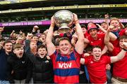 27 April 2025; Con Kelly of Clontarf celebrates with supporters after the Energia All-Ireland League Men's Division 1A final match between Clontarf and Cork Constitution at the Aviva Stadium in Dublin. Photo by Matt Browne/Sportsfile