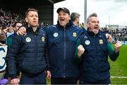 27 April 2025; Meath manager Robbie Brennan, celebrates winning a late free, with coach Shane Supple and logistics manager Karl Manning during the Leinster GAA Football Senior Championship semi-final match between Dublin and Meath at Laois Hire O'Moore Park in Portlaoise, Laois. Photo by Ray McManus/Sportsfile