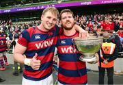 27 April 2025; Callum Smith and John Vinson of Clontarf celebrate with the cup after the Energia All-Ireland League Men's Division 1A final match between Clontarf and Cork Constitution at the Aviva Stadium in Dublin. Photo by Matt Browne/Sportsfile