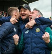 27 April 2025; Meath manager Robbie Brennan, celebrates winning a late free, with coach Shane Supple and logistics manager Karl Manning during the Leinster GAA Football Senior Championship semi-final match between Dublin and Meath at Laois Hire O'Moore Park in Portlaoise, Laois. Photo by Ray McManus/Sportsfile