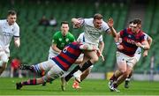 27 April 2025; Niall Kenneally of Cork Constitution is tackled by Callum Smith of Clontarf during the Energia All-Ireland League Men's Division 1A final match between Clontarf and Cork Constitution at the Aviva Stadium in Dublin. Photo by Matt Browne/Sportsfile