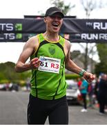 27 April 2025; Sean McCreery of Rathfarnham WSAF AC, celebrates after winning the men's 50+ event during the 123.ie National Road Relay Championships in Raheny, Dublin. Photo by Tyler Miller/Sportsfile