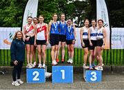 27 April 2025; Athletics Ireland president Bríd Golden, left, with women's masters 35+  medalists Longford AC, Longford, gold, Sportsworld AC, Dublin, silver and Dunboyne AC, Meath, bronze, during the 123.ie National Road Relay Championships in Raheny, Dublin. Photo by Tyler Miller/Sportsfile