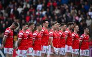 27 April 2025; Louth players stand for the playing of Amhrán na bhFiann before the Leinster GAA Football Senior Championship semi-final match between Kildare and Louth at Glenisk O'Connor Park in Tullamore, Offaly. Photo by Shauna Clinton/Sportsfile
