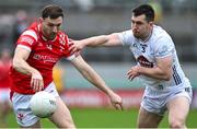 27 April 2025; Sam Mulroy of Louth in action against Mark Dempsey of Kildare during the Leinster GAA Football Senior Championship semi-final match between Kildare and Louth at Glenisk O'Connor Park in Tullamore, Offaly. Photo by Shauna Clinton/Sportsfile